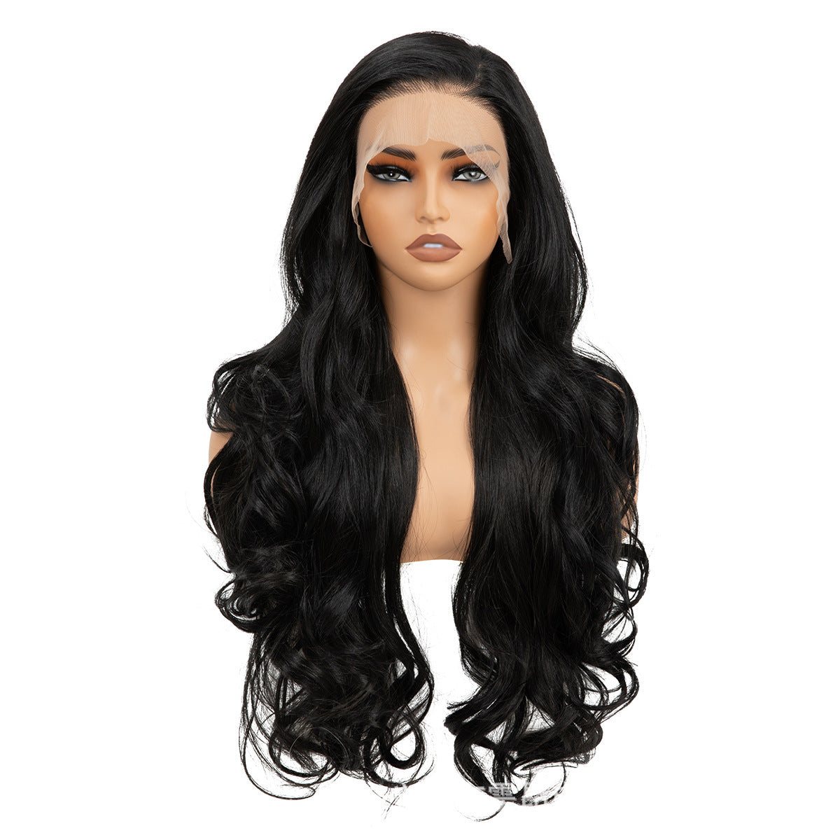 Black long wavy synthetic lace front wig on a mannequin, uncut lace draping over the forehead