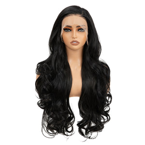 Black long wavy synthetic lace front wig on a mannequin, uncut lace draping over the forehead