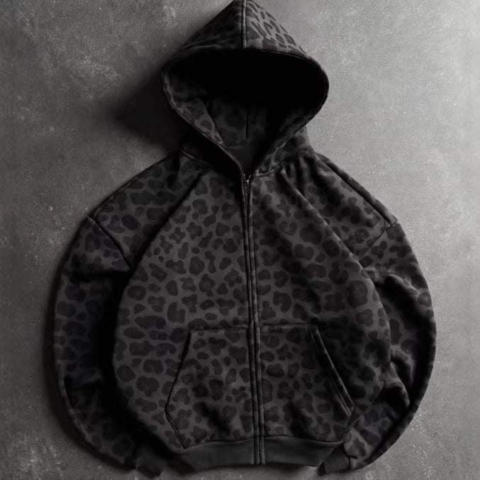 Charcoal leopard print zip-up hoodie with raglan sleeves and front pouch pocket, flat lay