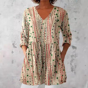 Digital print tunic with a soft V neckline showing the V neckline and printed body