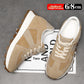 Tan cow suede height increasing sneakers shown as a pair on a box, 6 to 8 cm callout