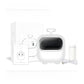 White thermal printer with a display window and a handle on top, shown with its box, paper and cable, x2 white option