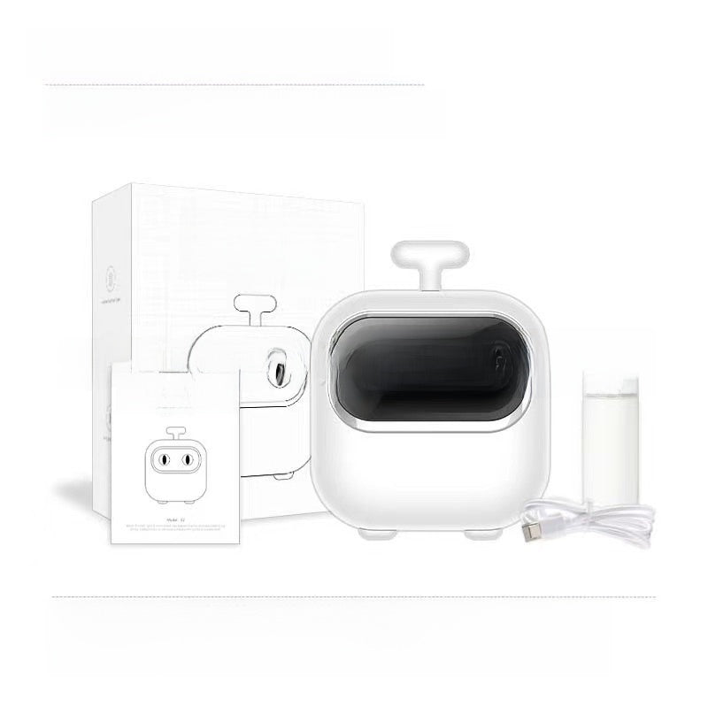 White thermal printer with a display window and a handle on top, shown with its box, paper and cable, x2 white option