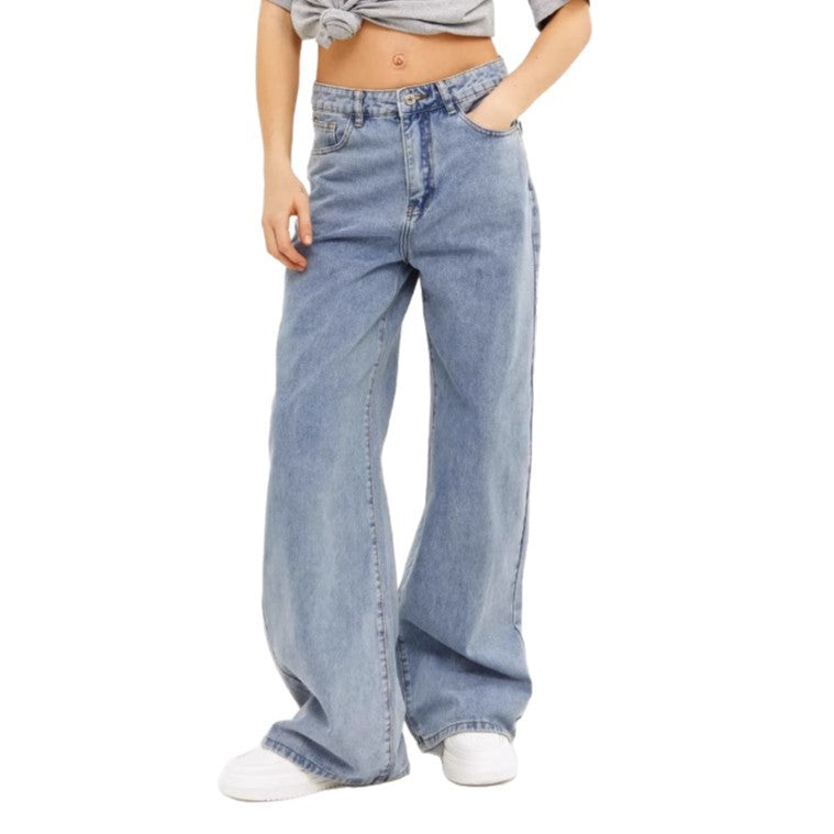 Front view of light wash wide leg jeans with zip fly