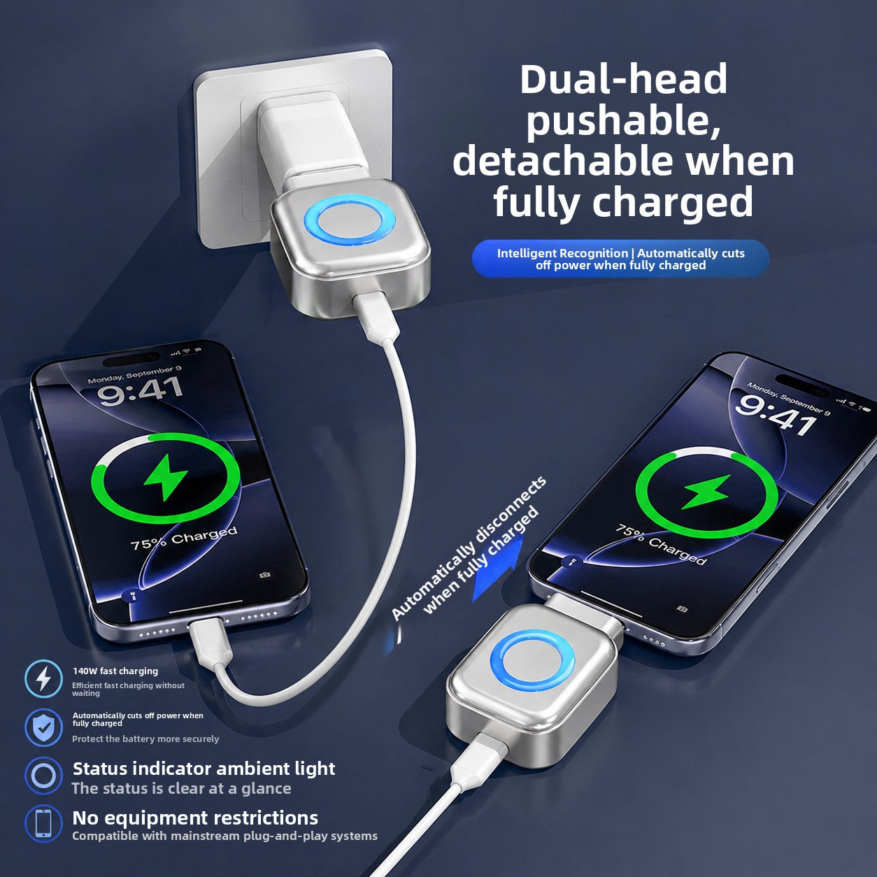 USB-C charge separator between a wall charger and a phone, ring light showing charge status