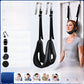Black chin cradle with black nylon straps and steel door hooks, woman seated against a door, Black option