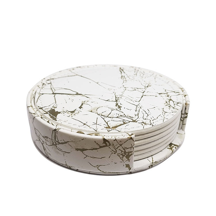 White marble PU leather round coaster set with a matching holder