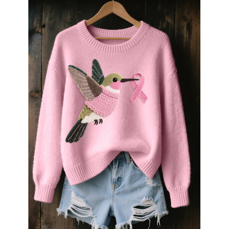 Pink womens 3D print knit look pullover top with a hummingbird motif, product photo