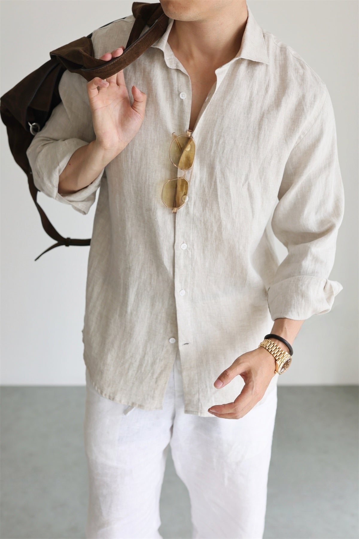 Italian Style Pure Linen Long Sleeve Shirt | product flat lay overview
