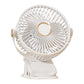 White clip fan on a plain background, three blades behind a round grille and gold hub ring