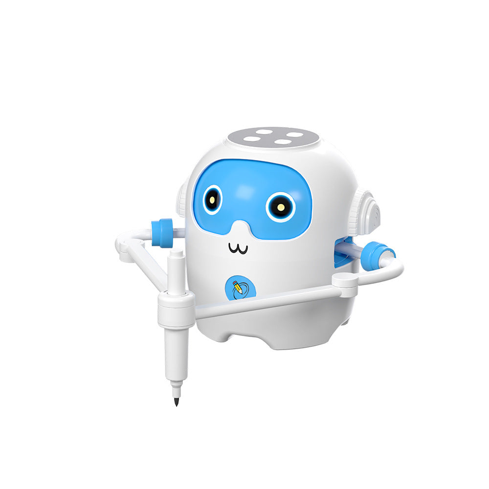 White drawing robot with pen arm and marker tip, front studio view