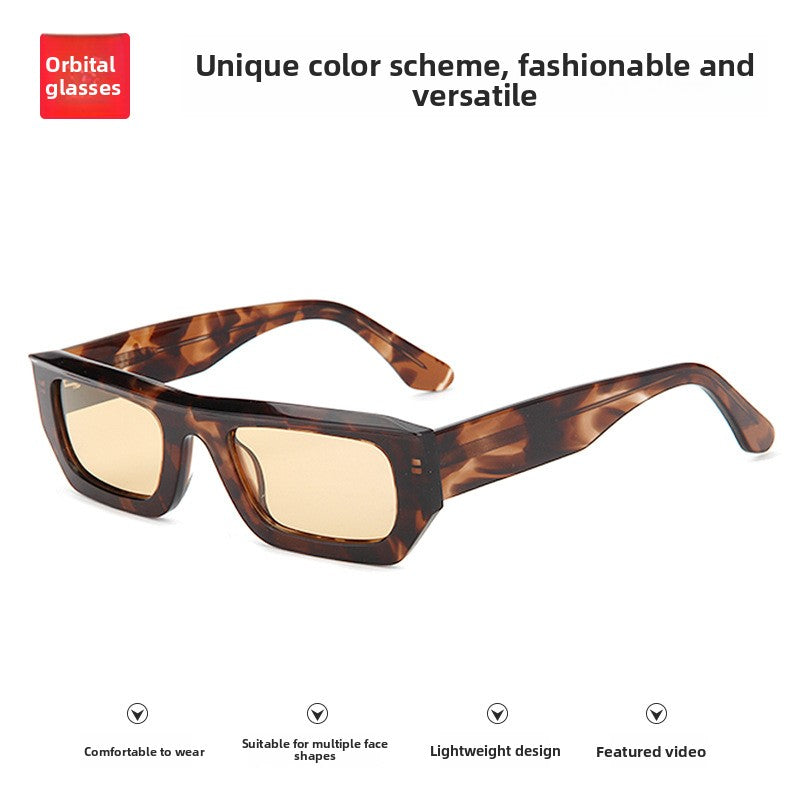 Retro rectangular sunglasses with a thick tortoiseshell brown acetate frame