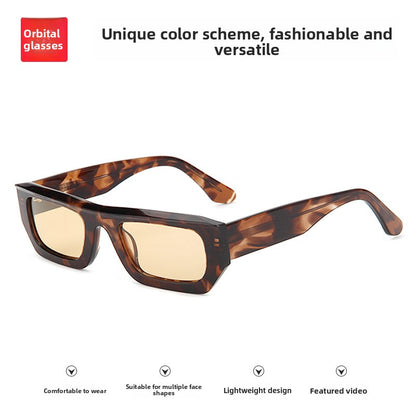 Retro rectangular sunglasses with a thick tortoiseshell brown acetate frame