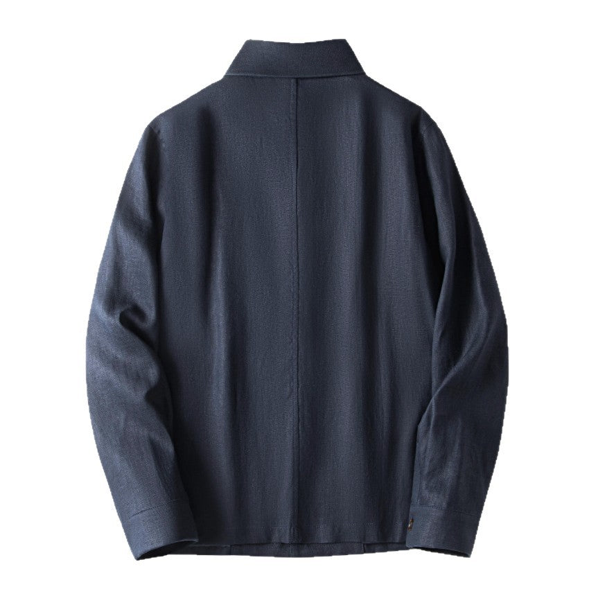 Men's linen jacket laid flat to show the lapel collar and button front