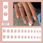 Full cover press-on almond nails in a soft pink, glossy finish shown on a hand