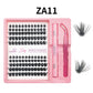 Lash cluster style ZA11 in a 10 row tray with dual-ended glue pen, tweezers and a close-up of the cluster shape