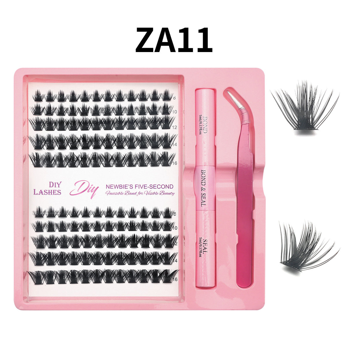 Lash cluster style ZA11 in a 10 row tray with dual-ended glue pen, tweezers and a close-up of the cluster shape