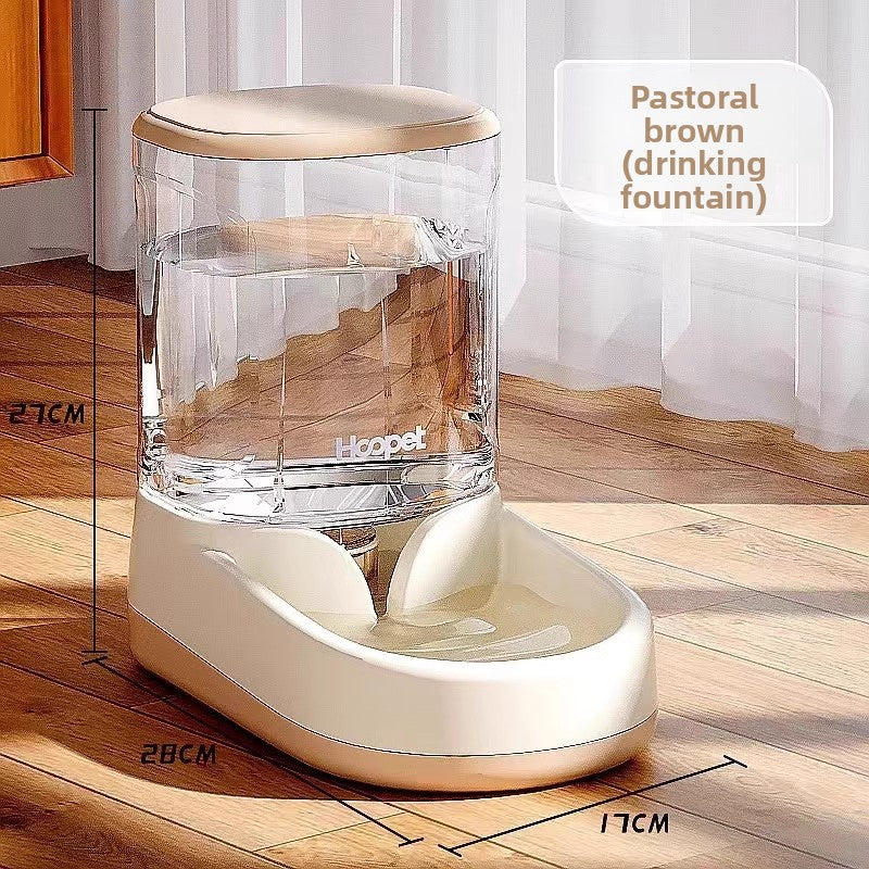 Blue gravity pet feeder and water dispenser combo on a wood floor