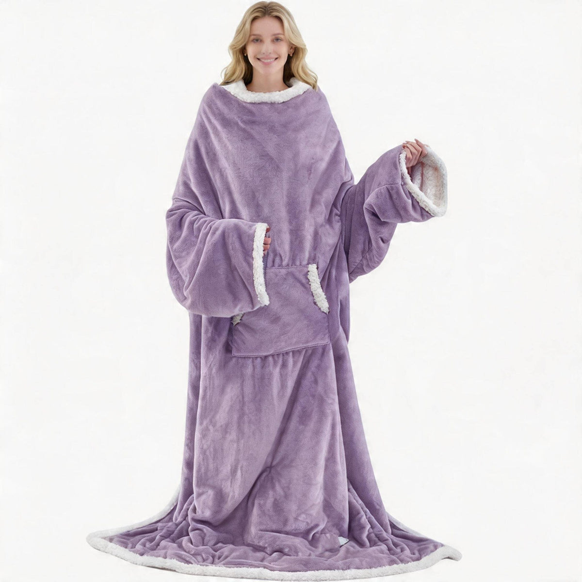 Wearable heated blanket in Light Purple flannel with sleeves, sherpa cuffs and large front pocket, Light Purple option