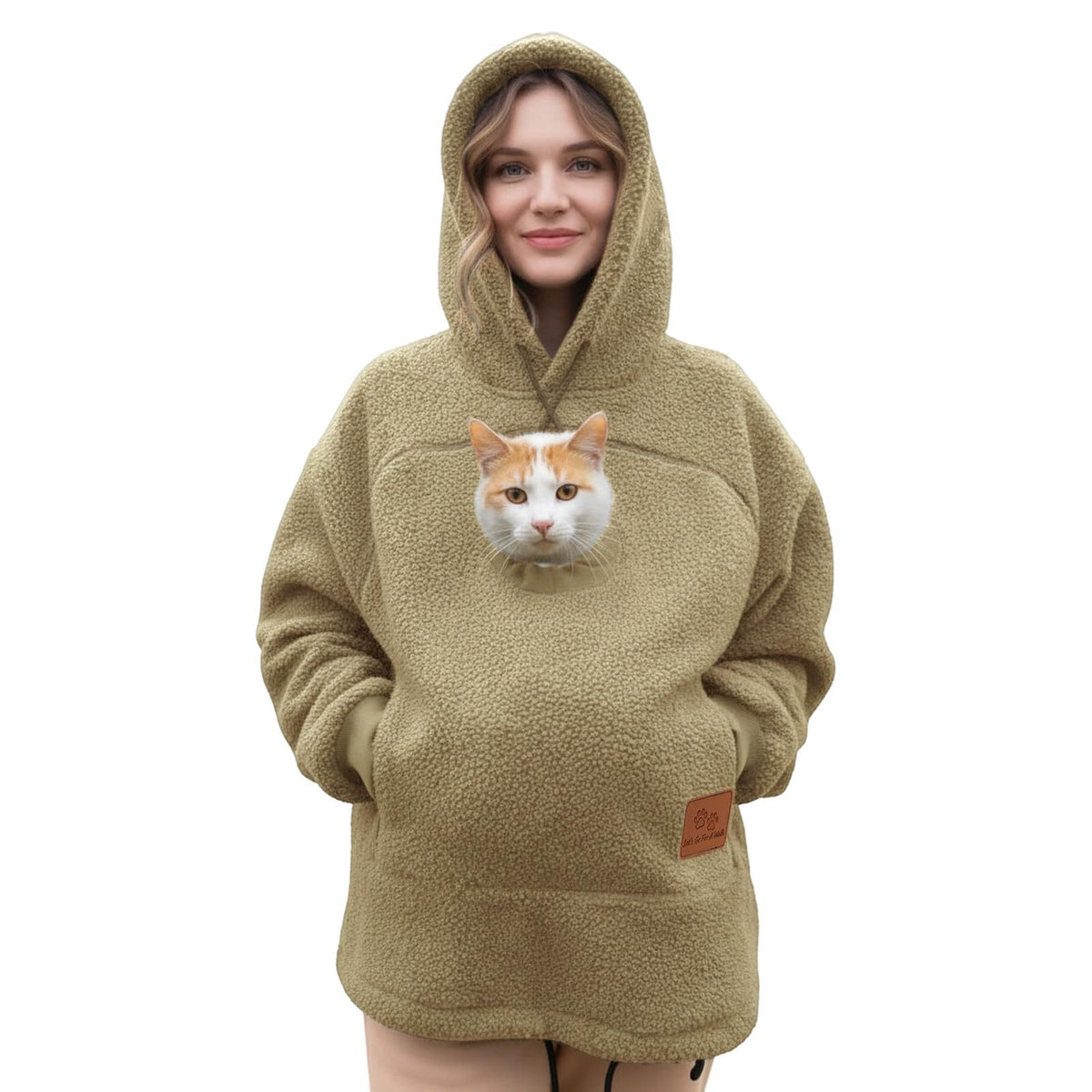 Khaki tan lamb fleece hoodie with a cat looking out of the chest pouch, studio front view, size XXL option