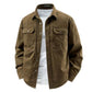 Men's coffee brown cotton shirt jacket with flap chest pockets, front view, size 2XL option