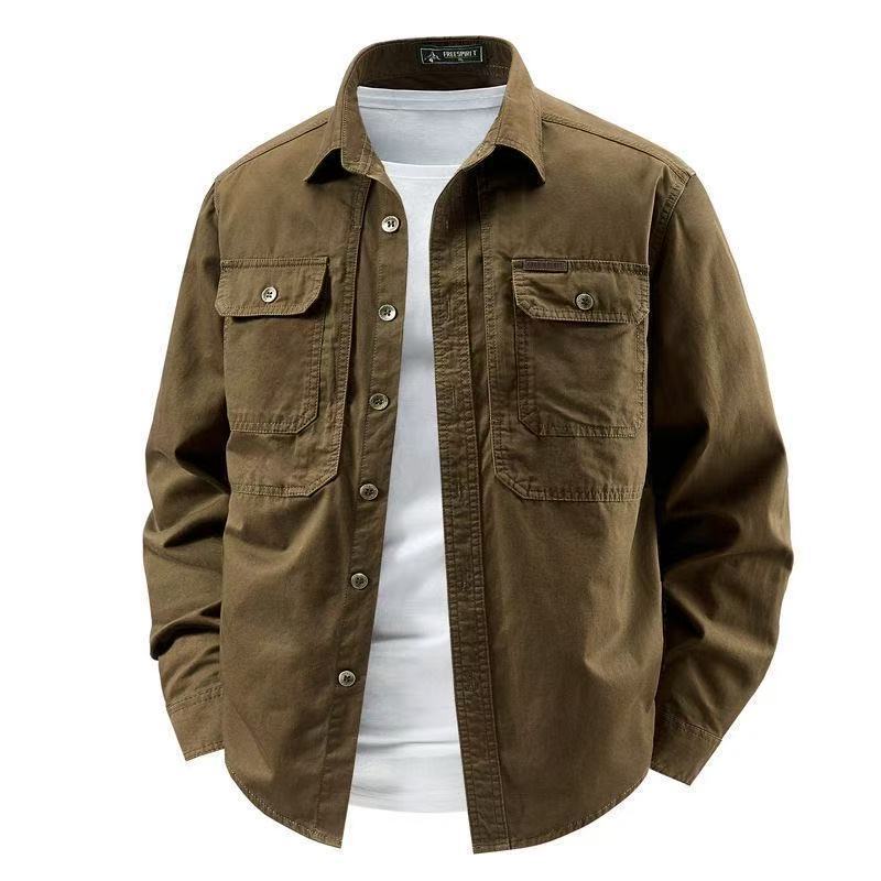 Men's coffee brown cotton shirt jacket with flap chest pockets, front view, size 2XL option