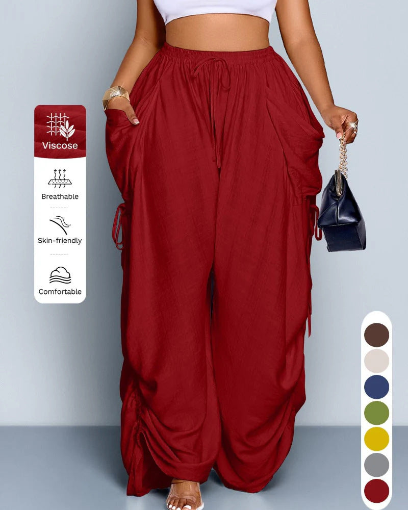 High waist wide leg linen look viscose drawstring trousers, styled with a tank and sandals