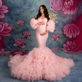 Maternity Photoshoot Mermaid Gown with Tulle Puff Sleeves and Train