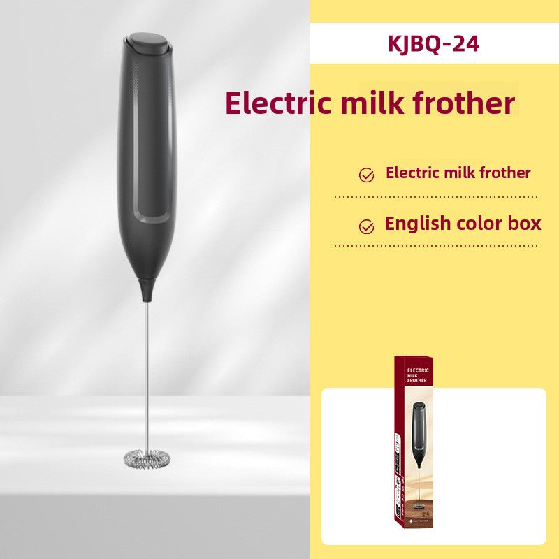 Black KJBQ-24 battery milk frother with a slim curved handle, spring whisk and color box