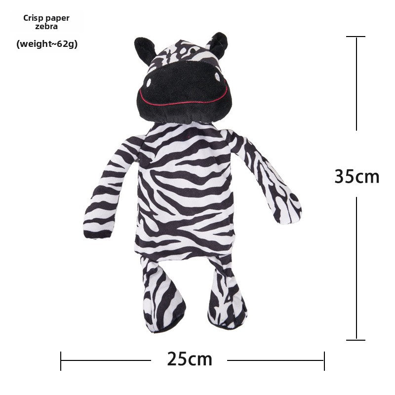 Soft corn velvet and plush squeaky pet toy shaped like a cartoon animal on a plain background