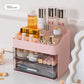 Cherry Pink Drawer option, a compact organizer with an open tray of skincare over two smoked transparent drawers