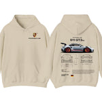 Sand cotton hoodie, front and back, with crest and PORSCHE wordmark on the chest and 911 GT3 RS back print