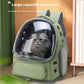 Army green capsule pet carrier backpack with clear dome window and a cat sitting inside