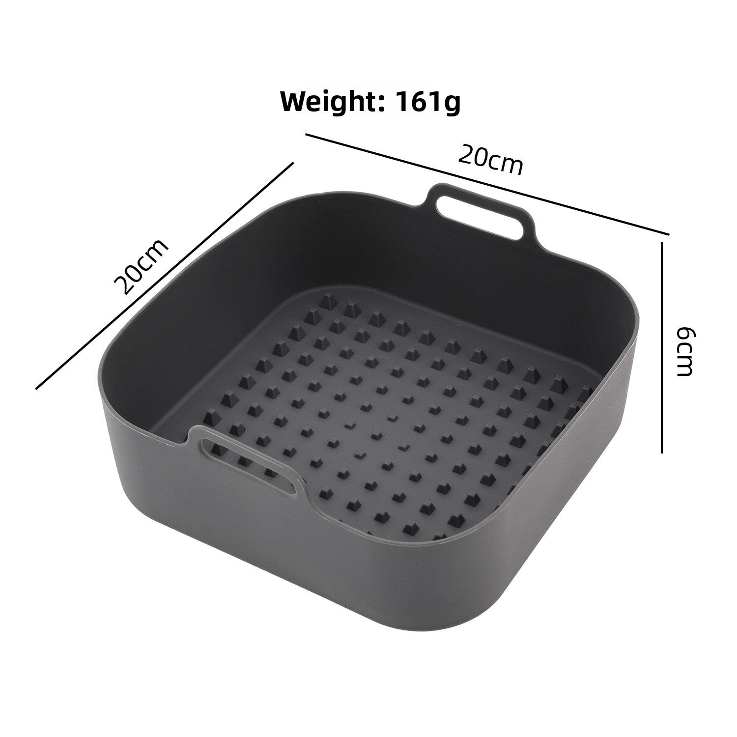 Dark gray large square silicone air fryer liner tray with a studded base, about 20 by 20 cm