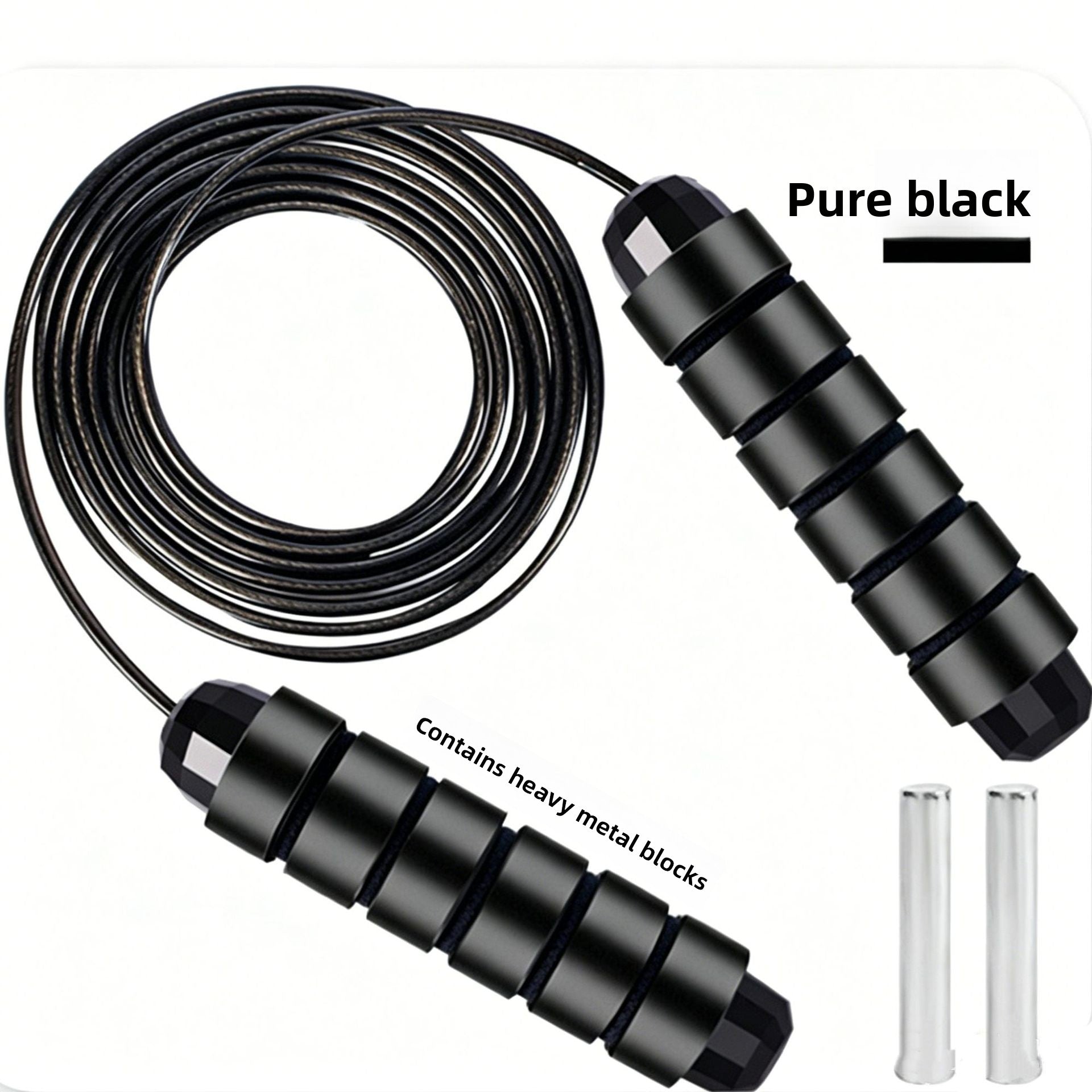 Plain black weighted skipping rope shown with its two removable metal bars