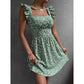 Floral square neck mini dress showing the open back that ties with a bow, front and back views