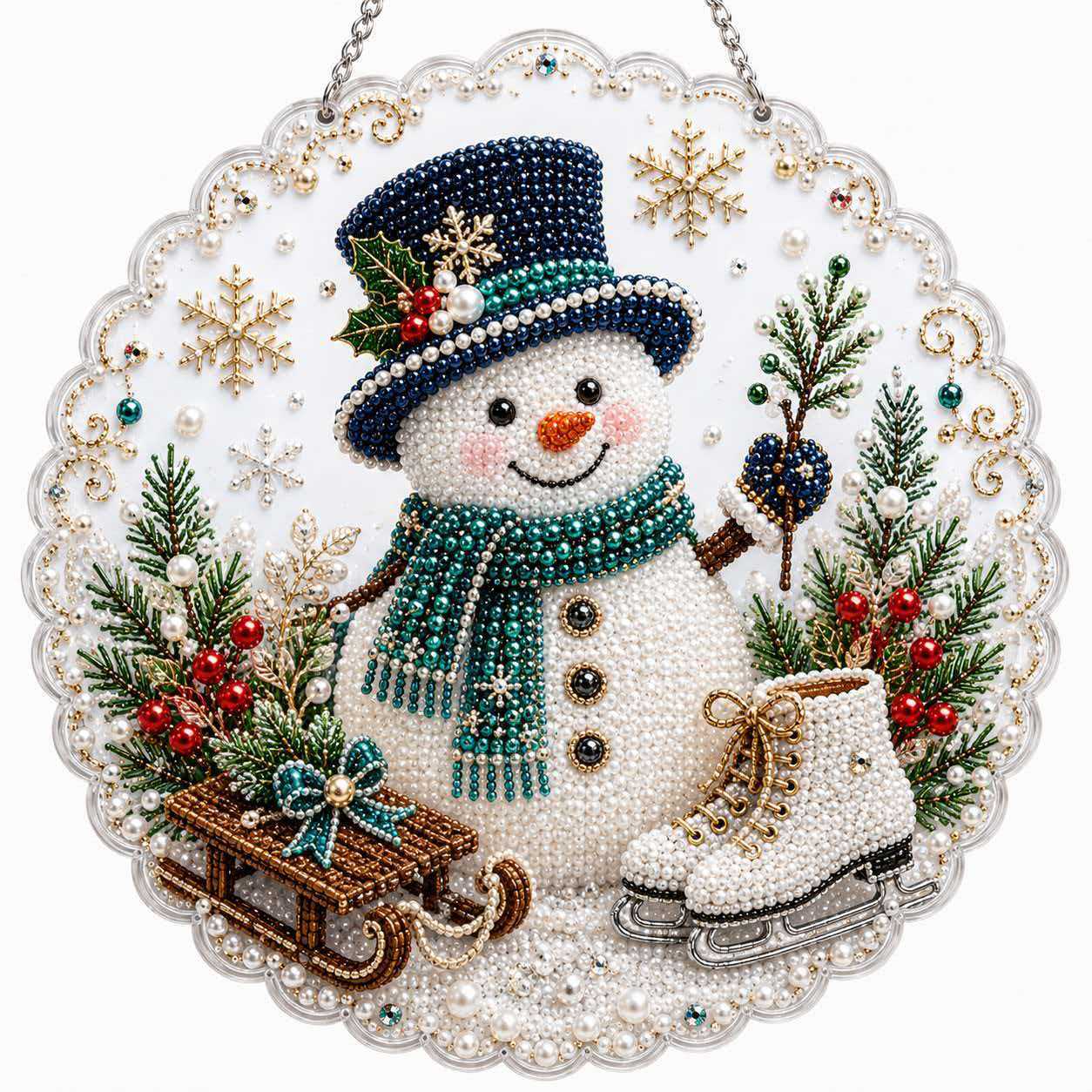 Christmas diamond painting ornament shown hanging near a lit tree