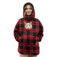 Red and black plaid lamb fleece hoodie with a cat in the chest pouch, studio front view, size M option