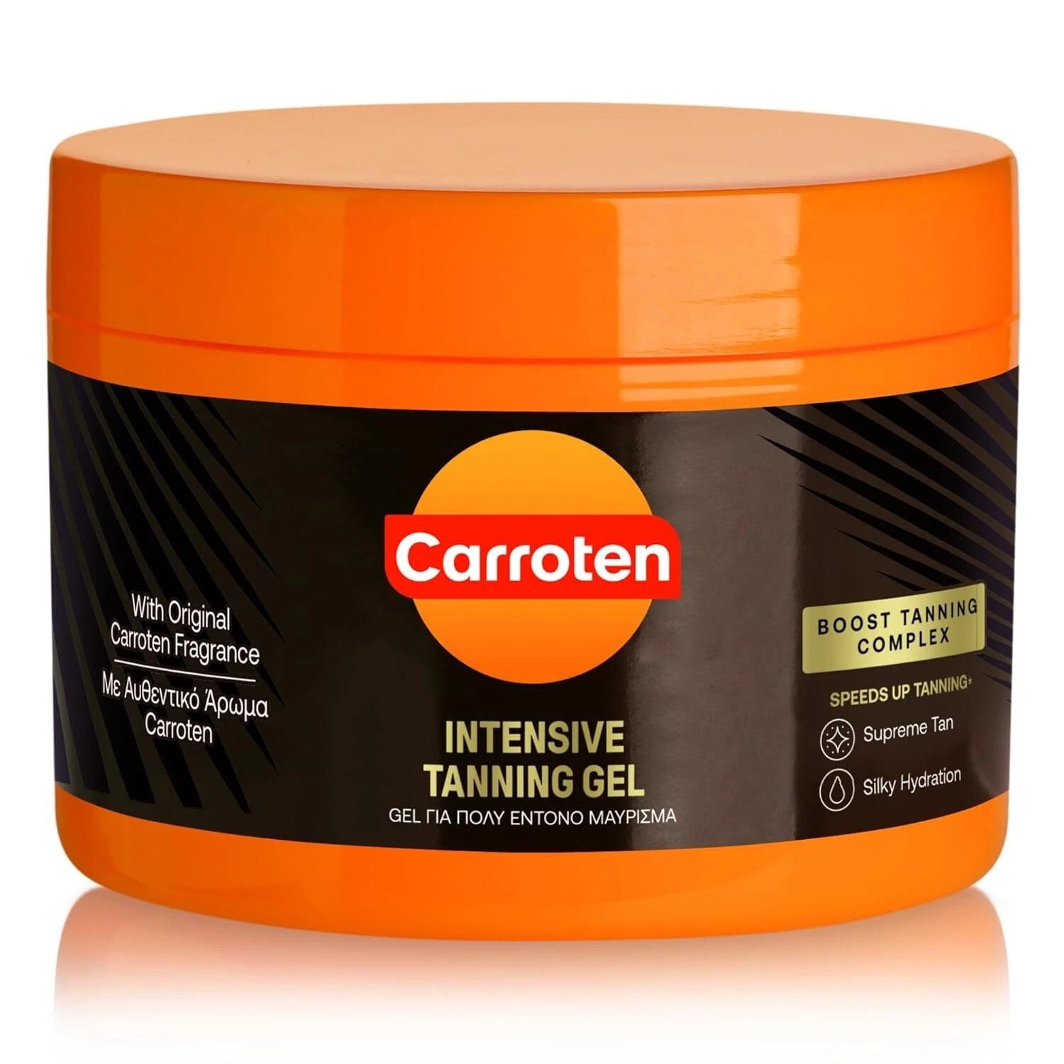 Carroten tanning gel being smoothed onto the leg before sun exposure