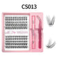 Lash cluster style CS13 in a 10 row tray with dual-ended glue pen, tweezers and a close-up of the cluster shape