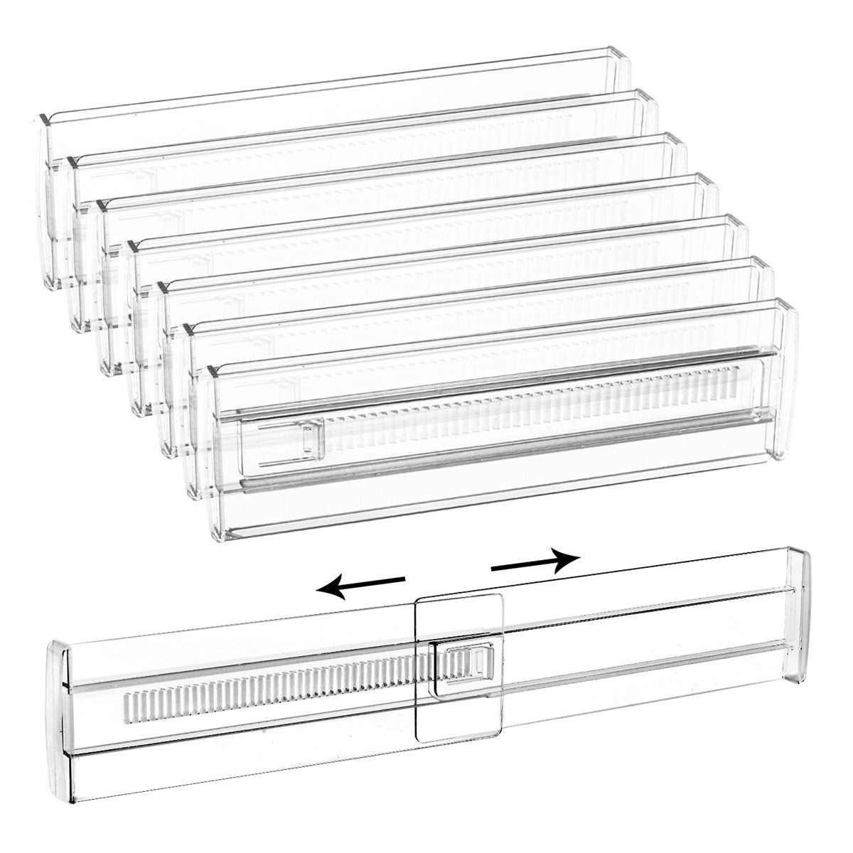 Several clear retractable drawer dividers arranged to show the pack of separator panels
