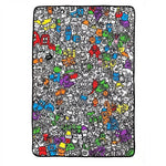 Wool felt throw printed with colourful doodle characters, the Multicolor design shown coloured in