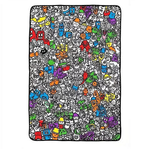 Wool felt throw printed with colourful doodle characters, the Multicolor design shown coloured in