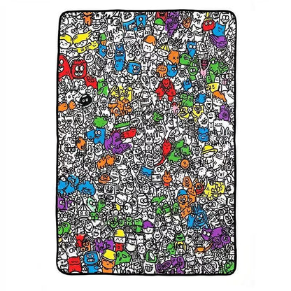 Wool felt throw printed with colourful doodle characters, the Multicolor design shown coloured in