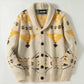 Flat lay of the mens shawl collar cardigan with gold and brown geometric jacquard knit