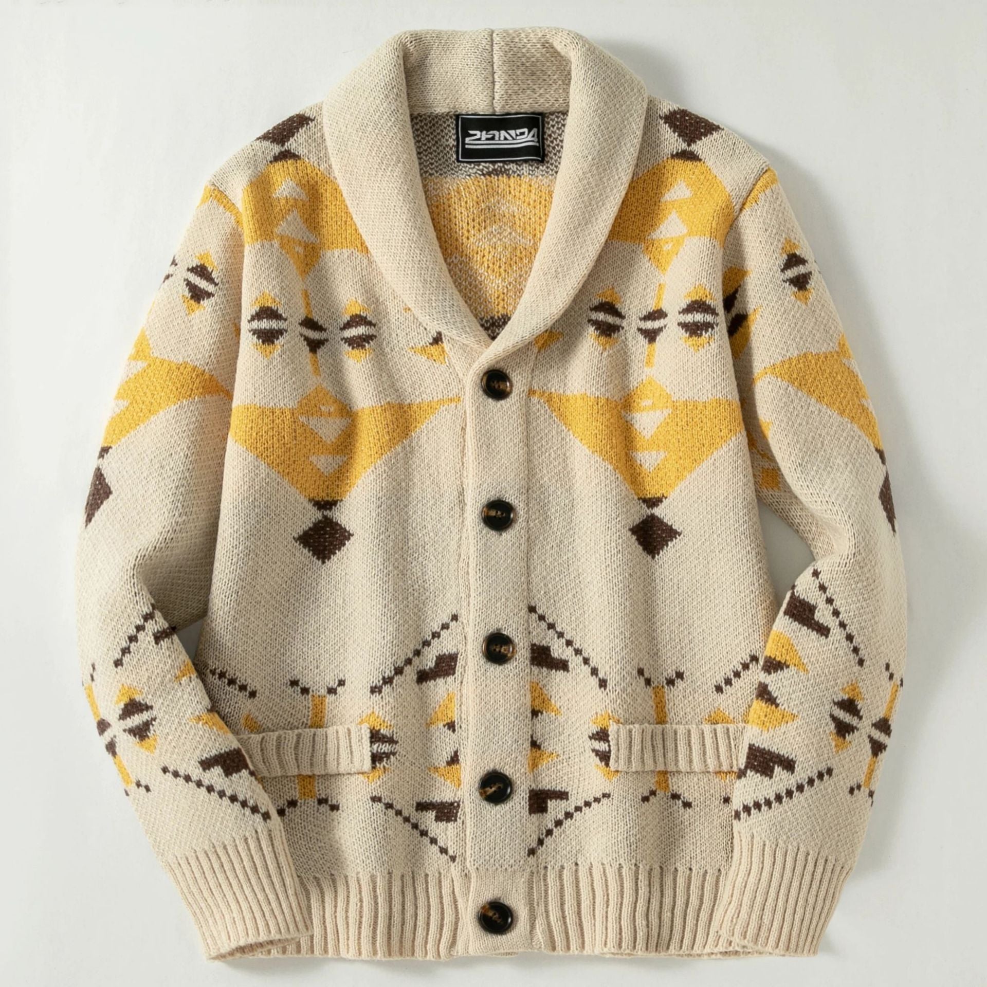 Flat lay of the mens shawl collar cardigan with gold and brown geometric jacquard knit
