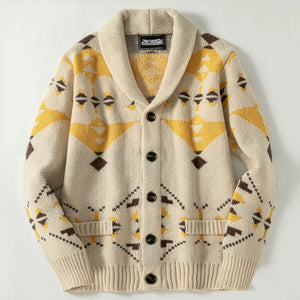 Flat lay of the mens shawl collar cardigan with gold and brown geometric jacquard knit