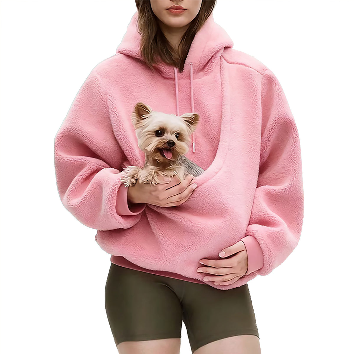 Milky white plush fleece hooded sweatshirt with a large front pet pouch shown on a model