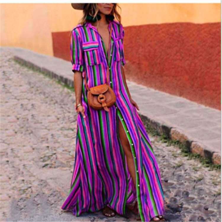 Multicolor striped maxi shirt dress with sleeves rolled to a half length