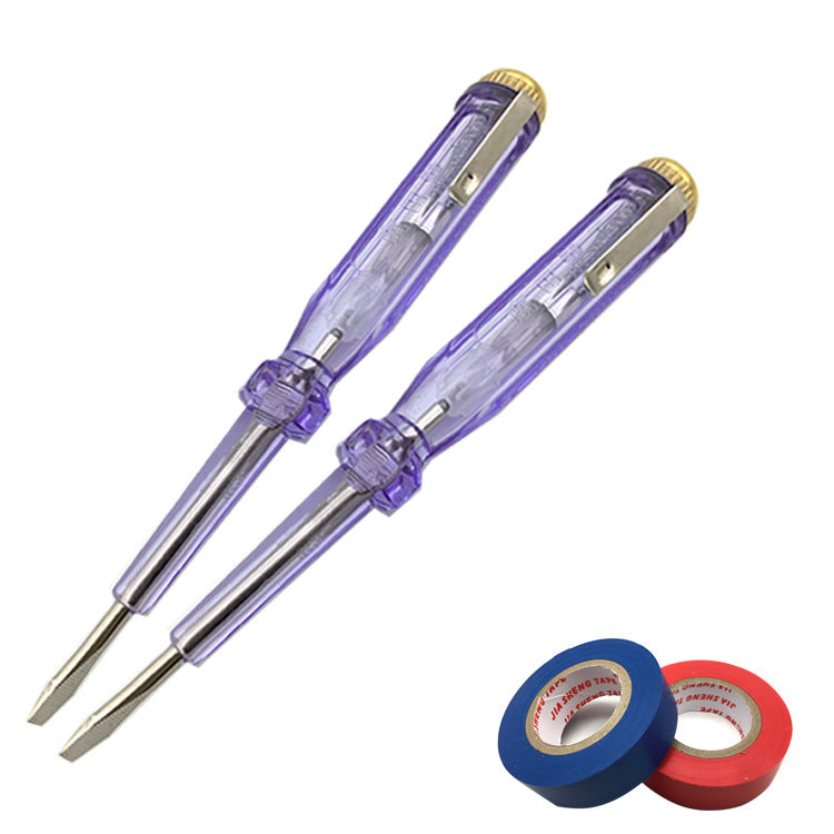 Two transparent purple voltage tester pens with flat blade metal tips and gold end caps beside tape rolls